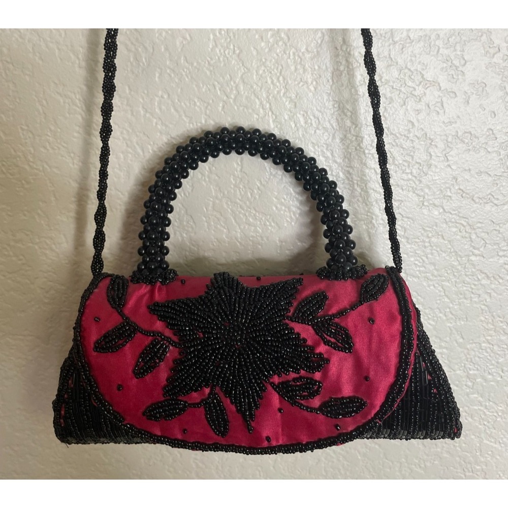 Vintage Glass Beaded‎ Red Black Floral Crossbody Purse Bag Clutch Party Cruise